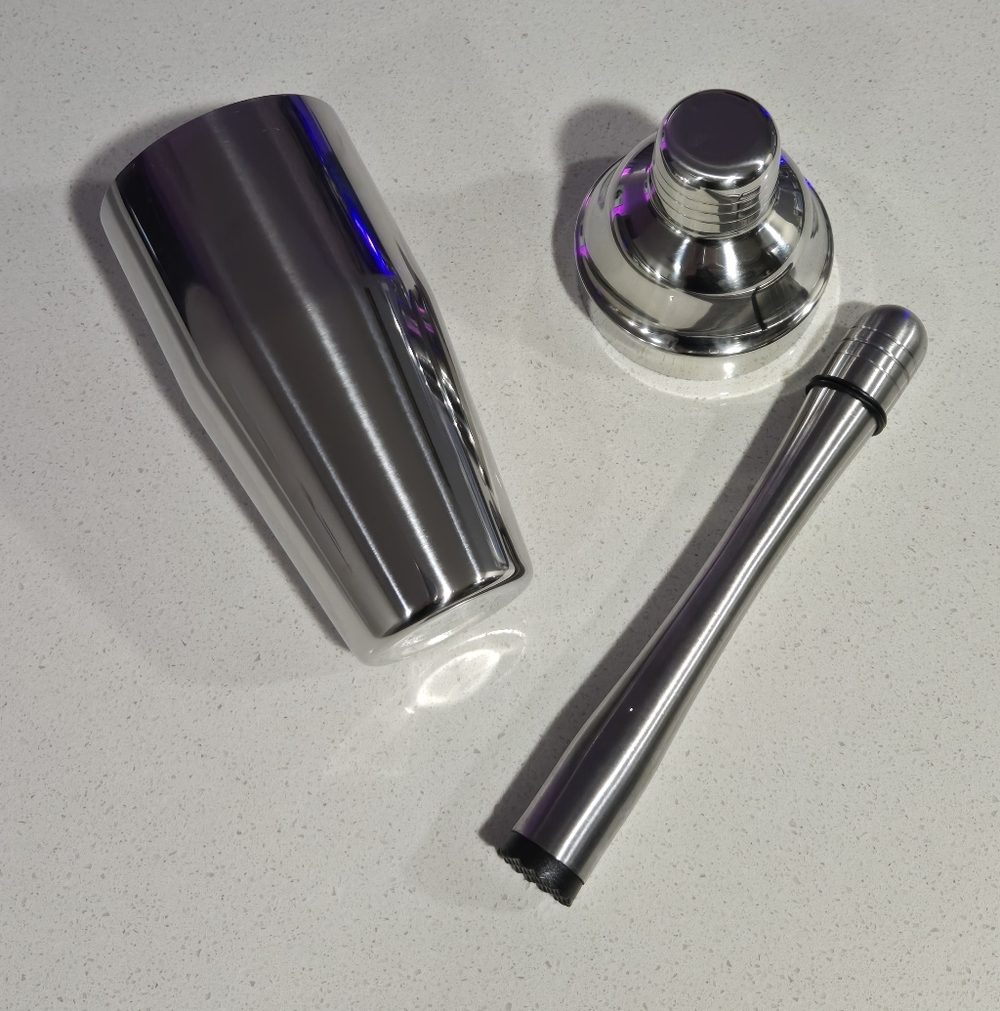 Stainless Steel Cocktail Shaker Set And Muddler, Classy Silver Color